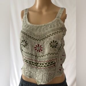 Embroidered Floral Tank Top - Cream, Red, Green
